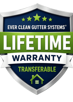 Lifetime transferable warranty badge for Ever Clean Gutter Systems with a green ribbon and house icon